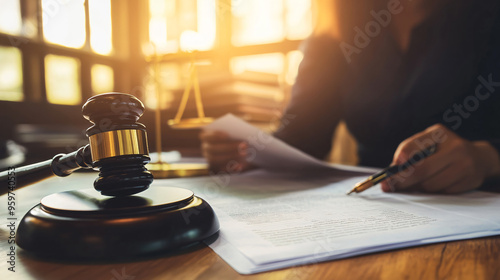 Professional Lawyer Working with Legal Documents at Wooden Table in Focus
