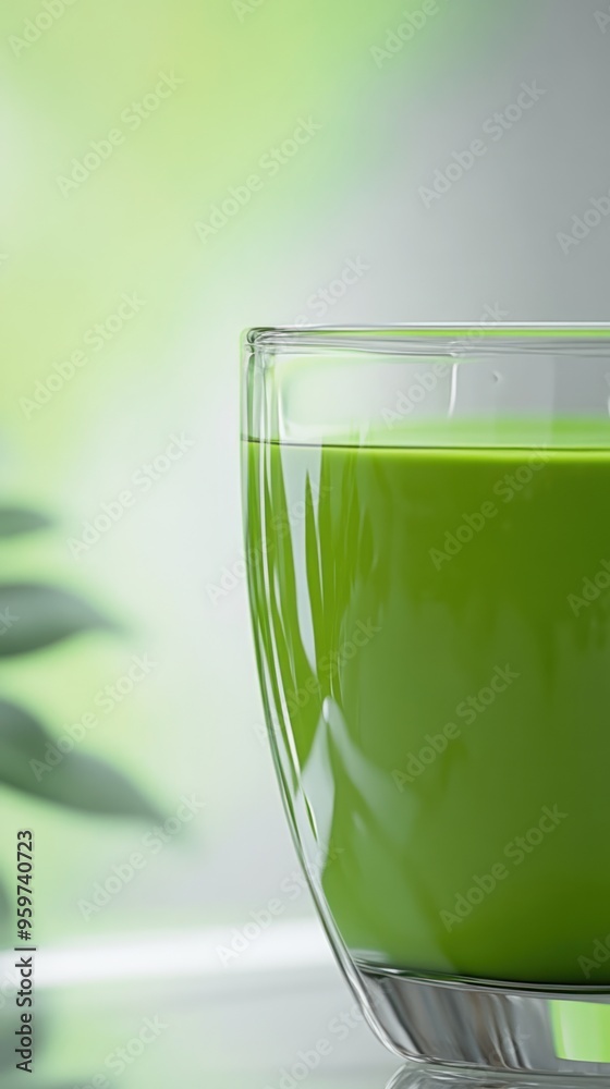 A glass cup of green tea with a blurry green leaf background. A glass cup of green tea with a blurry green leaf background.