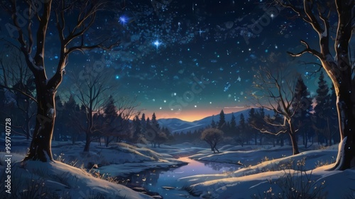 Mystical Winter Wonderland Under a Starry Sky