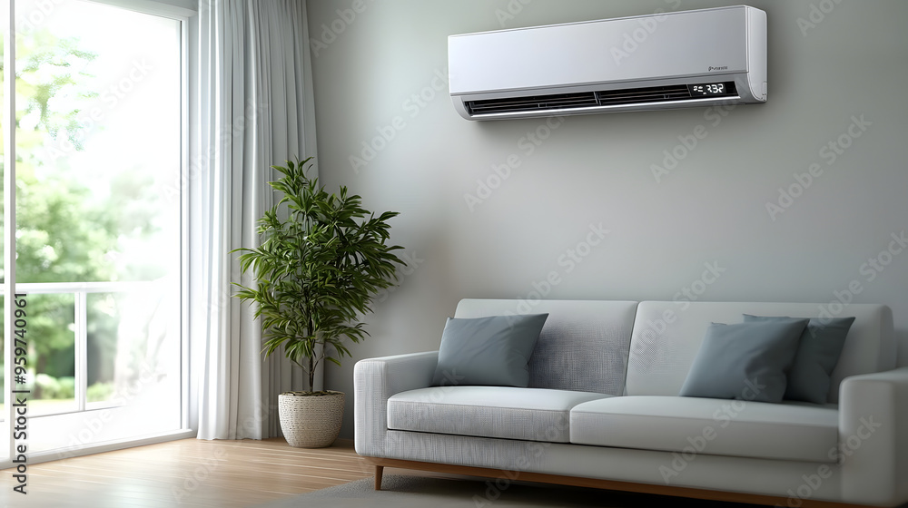 Modern white air conditioning unit mounted on a living room wall, with ...