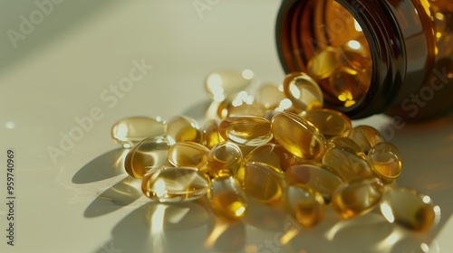 Amber soft gel capsules spill from a brown glass medicine bottle onto a shiny surface photo