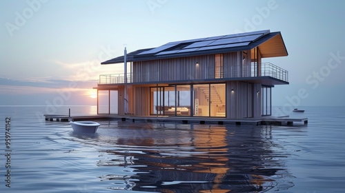 A modern floating house equipped with solar panels rests on calm water at sunset. The house features large windows and a spacious balcony, reflecting contemporary design and sustainable living. The