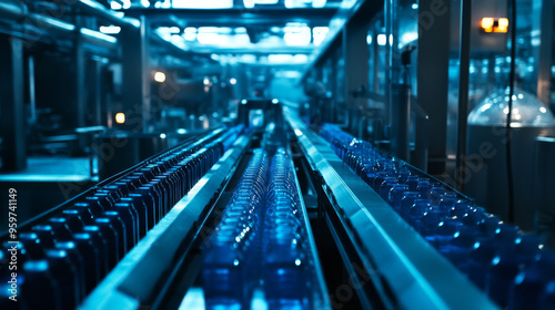 Conveyor belt with juice bottles in a blue-toned beverage factory.