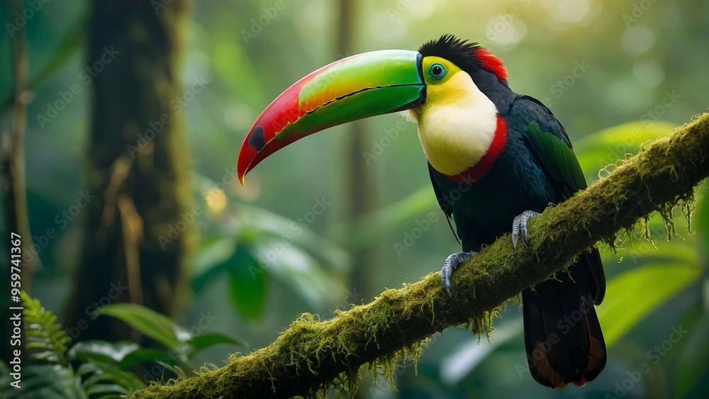 Obraz premium Toucan, sits on moss-covered branch in dense, lush rainforest. Generative AI