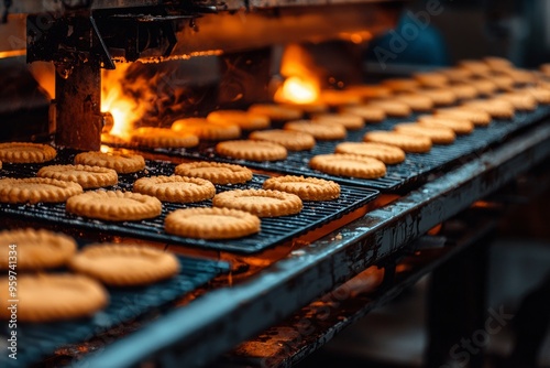 Cookies on a Conveyor Belt in a Bakery Production Line photo