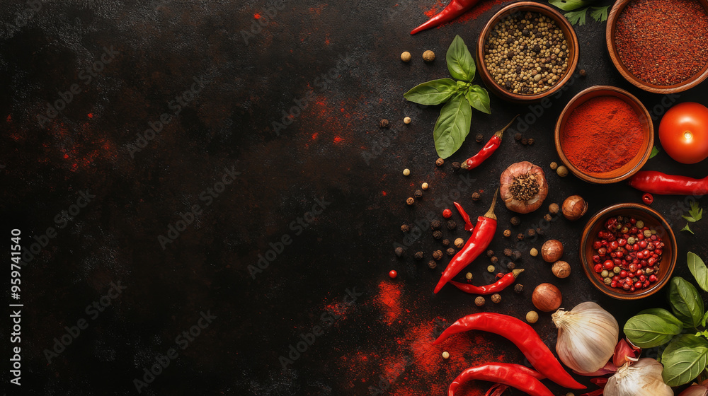 Cooking banner with spices and vegetables. Top view, free space for text. Cooking banner with spices and vegetables. Top view, free space for text.