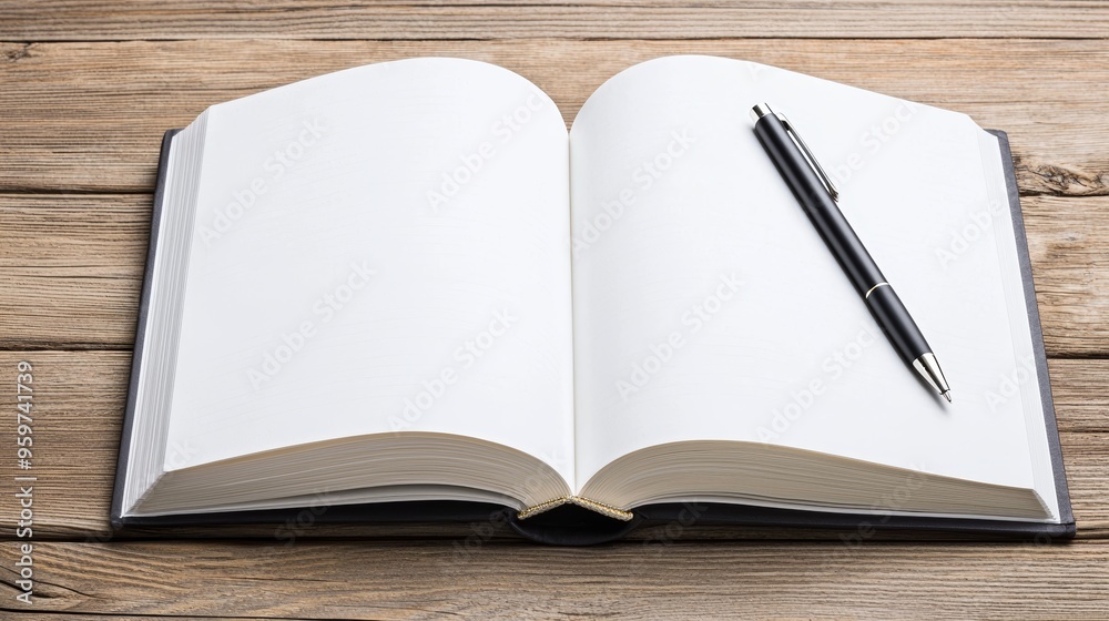 Open blank book with pen on wooden table, symbolizing writing, creativity, planning, and reflection Open blank book with pen on wooden table, symbolizing writing, creativity, planning, and reflection