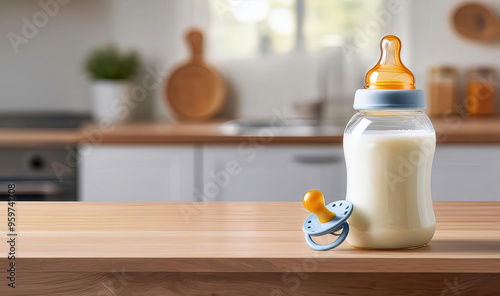 A baby milk bottle and pacifier on wooden table,