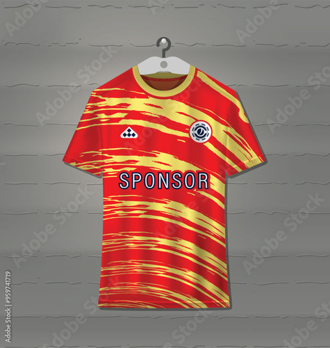Sports uniform jersey design with orange and yellow abstract line pattern background
