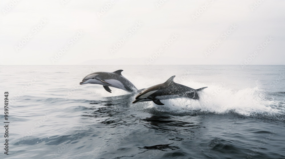 Fototapeta premium Two Dolphins Leaping Through Ocean Waves