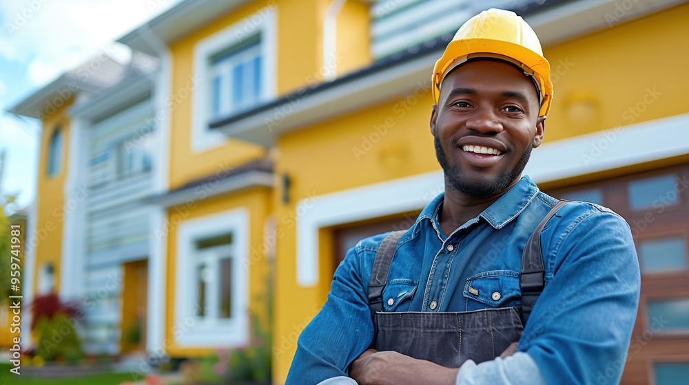 Construction worker is smiling with his arms crossed in front of a house that he's building Construction worker is smiling with his arms crossed in front of a house that he's building