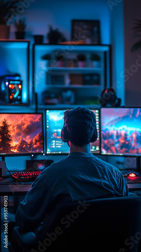 Gamer Immersed in Triple Monitor Setup with Headphones photo