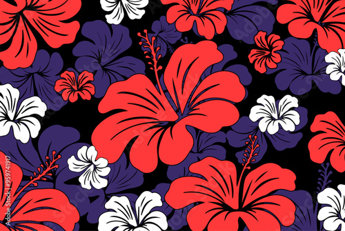 Hibiscus flowers Pattern. Hawaiian Seamless Pattern. Tropical flowers and Leaves. Hawaiian Aloha Shirt. Design for fabric, textile, wallpaper, clothing. floral background. vector illustration