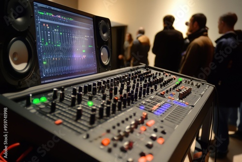 A close-up of a sound mixing console with vibrant controls, showcasing audio engineering in a modern studio setting.