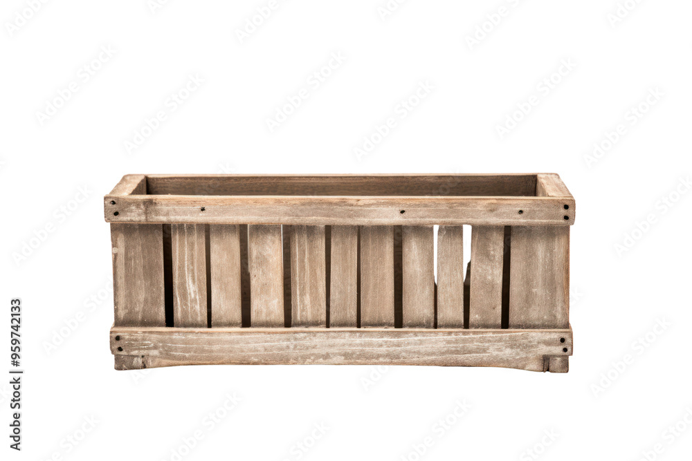 A rustic wooden slat planter with a distressed finish, perfect for farmhouse or cottage style A rustic wooden slat planter with a distressed finish, perfect for farmhouse or cottage style