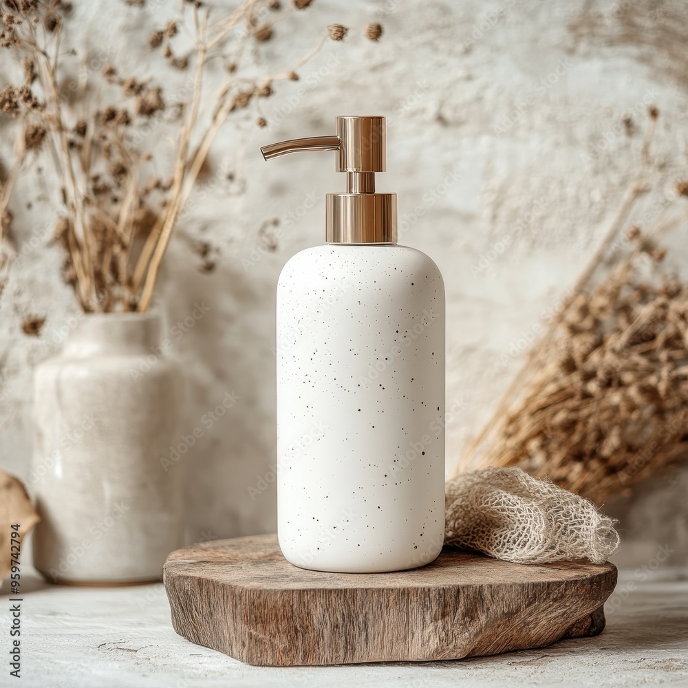 Minimalist ceramic pump bottle mockup with speckled design in a rustic setting featuring natural wood textures and dried flowers for eco-friendly skincare packaging. Minimalist ceramic pump bottle mockup with speckled design in a rustic setting featuring natural wood textures and dried flowers for eco-friendly skincare packaging.