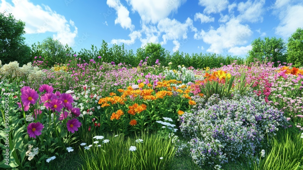 Vibrant Wildflower Meadow in Full Bloom Under a Clear Blue Sky with Fluffy White Clouds Vibrant Wildflower Meadow in Full Bloom Under a Clear Blue Sky with Fluffy White Clouds