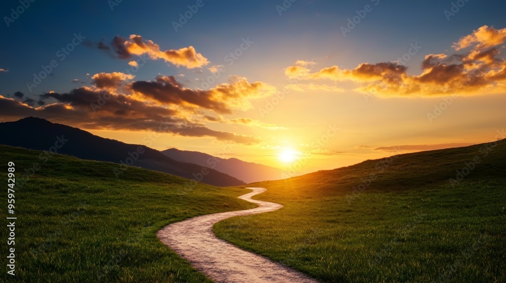 Serene landscape with winding path leading towards a vibrant sunset over rolling hills and dramatic clouds Serene landscape with winding path leading towards a vibrant sunset over rolling hills and dramatic clouds
