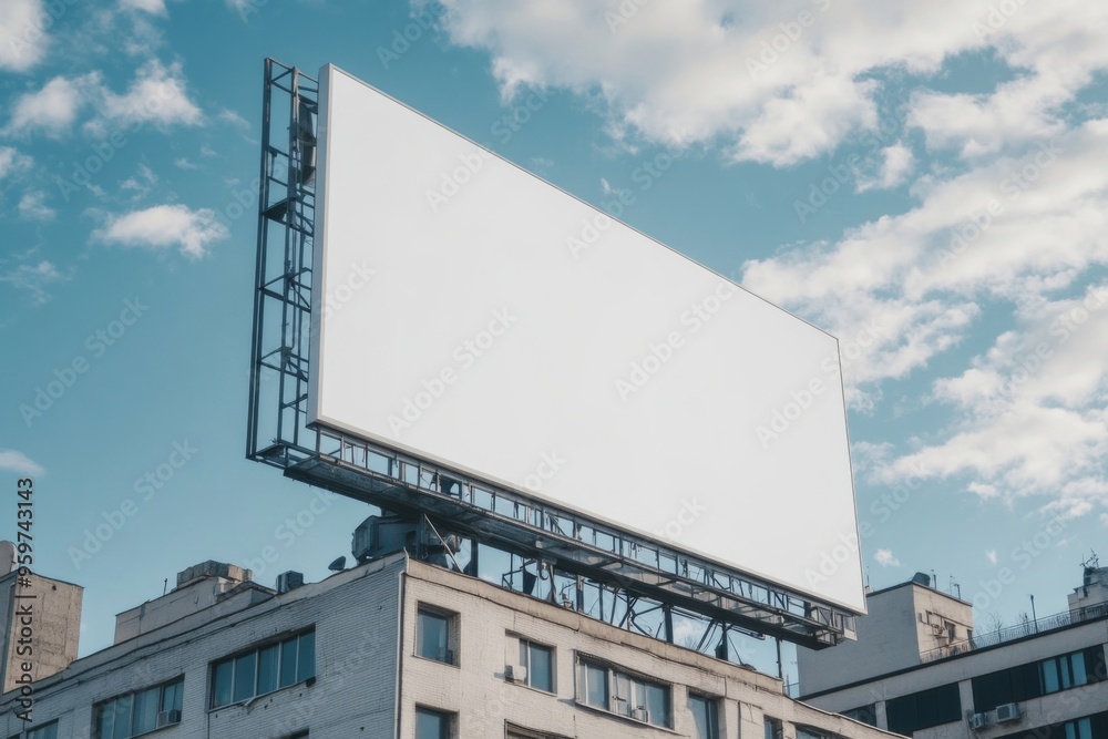 White blank empty mockup billboard located against a clear blue sky White blank empty mockup billboard located against a clear blue sky