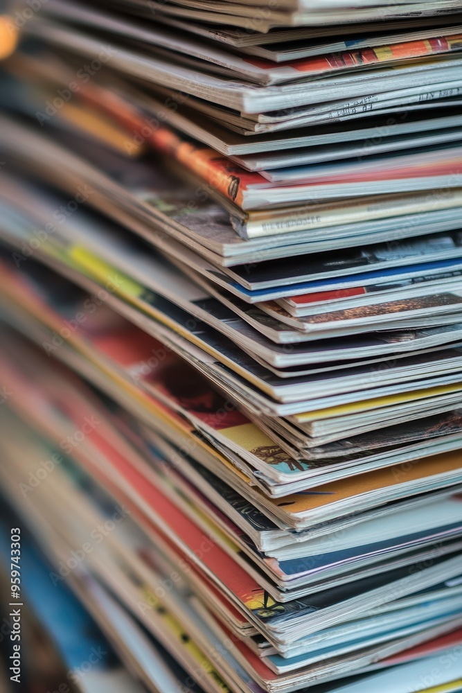 Close-Up of a Stack of Colorful Magazines and Brochures in a Vertical Pile Close-Up of a Stack of Colorful Magazines and Brochures in a Vertical Pile