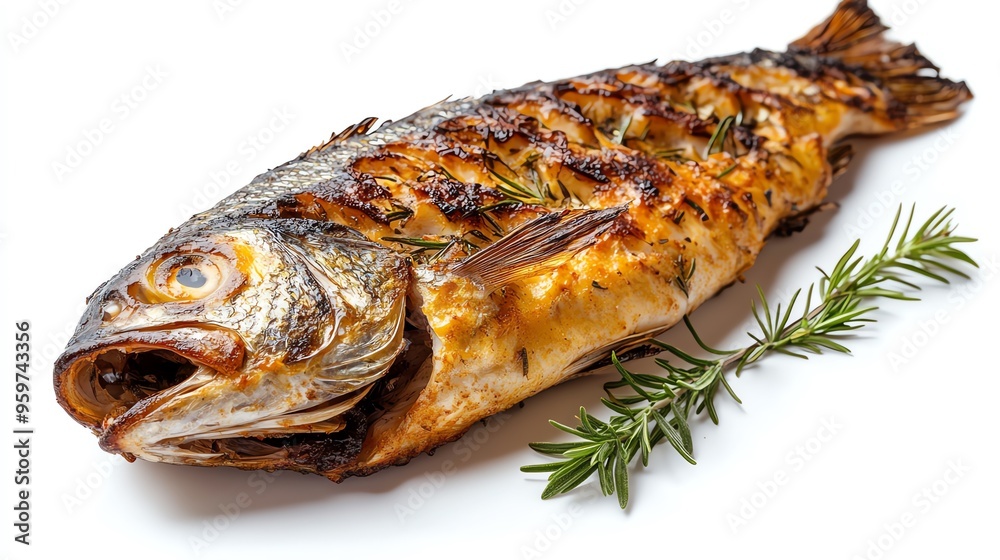 a whole fish baked with herbs, rustic presentation, aromatic and tender, isolated on white background a whole fish baked with herbs, rustic presentation, aromatic and tender, isolated on white background