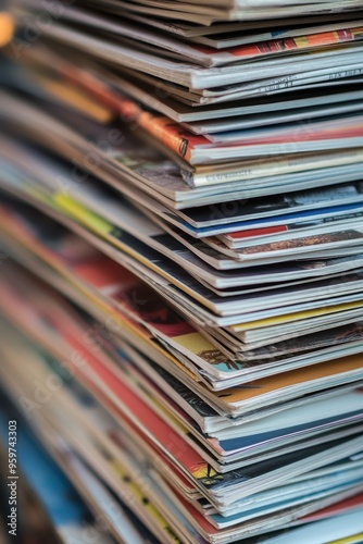 Close-Up of a Stack of Colorful Magazines and Brochures in a Vertical Pile