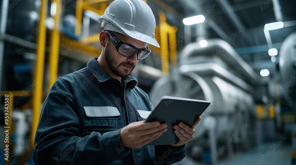 Industrial Precision: Engineer Navigating Technology in a Heavy Machinery Plant 