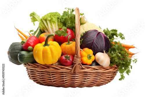 A rustic wicker basket overflowing with freshly harvested vegetables and herbs. Isolated on white background photo