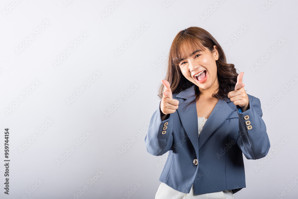 Woman excited smiling makes finger two gun gesture to camera isolated white background, Happy Asian portrait beautiful young female says you are chosen ll kill you or what up man with cheeky Woman excited smiling makes finger two gun gesture to camera isolated white background, Happy Asian portrait beautiful young female says you are chosen ll kill you or what up man with cheeky