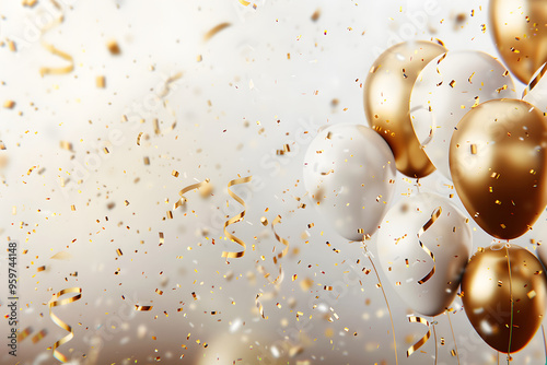 華やかなお祝いとパーティーのイメージ。ゴールドとホワイトの風船とリボン