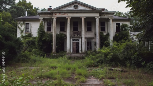 An eerie, abandoned southern mansion with tall pillars and extensive ivy growth. The overgrown surroundings and deteriorating structure evoke a sense of mystery and history, perfect for projects