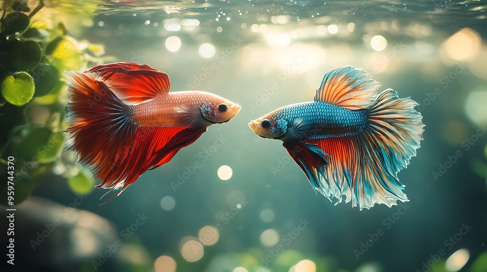 Dual Serenity: Pair of Betta Fish Swimming in Harmony with Vibrant Colors and Gentle Light Reflections in Calm Waters Dual Serenity: Pair of Betta Fish Swimming in Harmony with Vibrant Colors and Gentle Light Reflections in Calm Waters