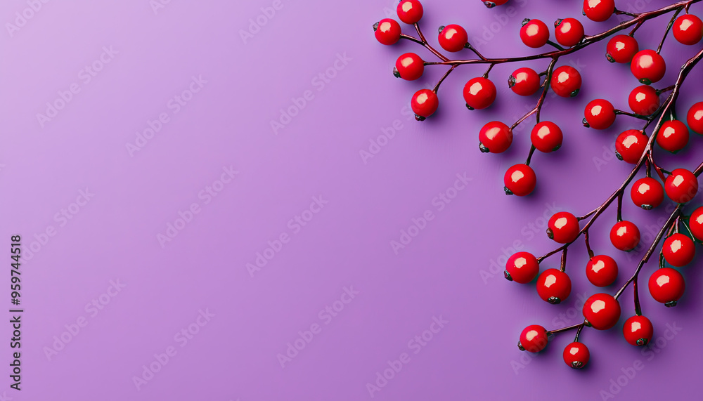 A vibrant branch of red berries against a soft purple background, perfect for seasonal or decorative themes. A vibrant branch of red berries against a soft purple background, perfect for seasonal or decorative themes.