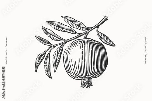 Illustration of pomegranate with branch and leaves in engraving style. Ideal for botanical, culinary, and vintage-themed designs.