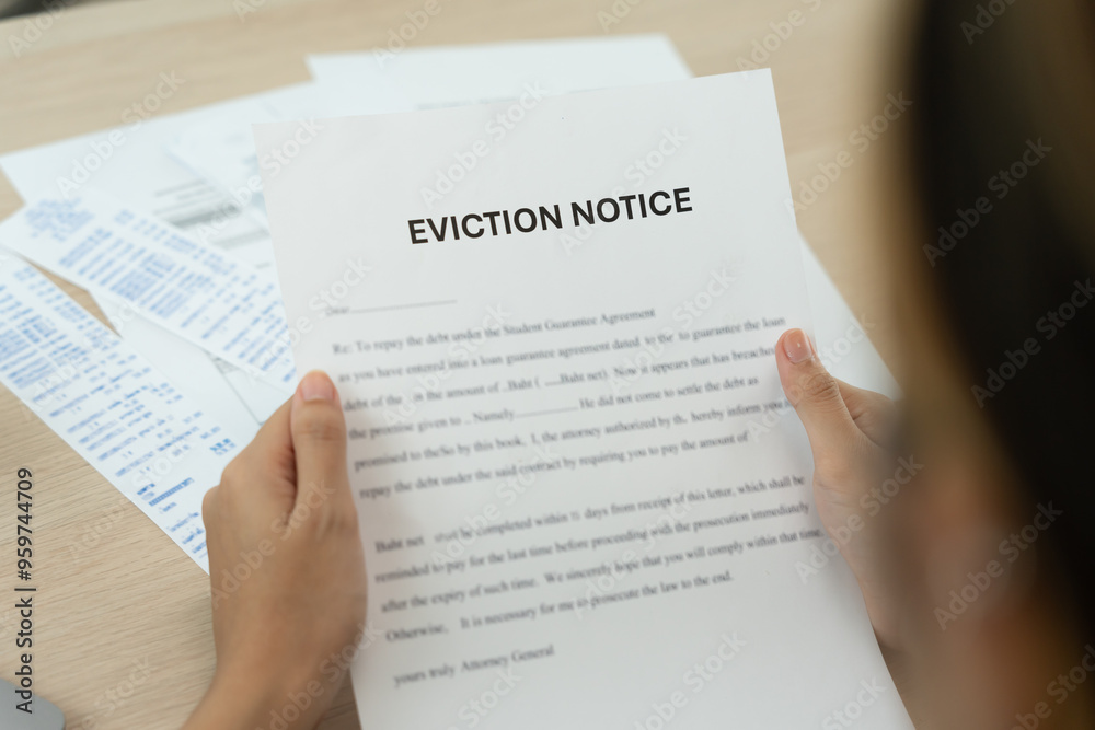 Fototapeta premium woman is stressed due to imminent seizure of assets, debts, financial problems, loans, guarantees document with the text eviction notice, debt, property, loan, agent, bankruptcy