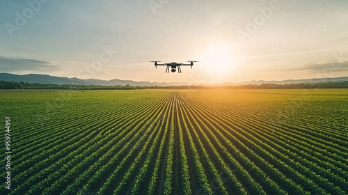 drone flying over agricultural field at sunset