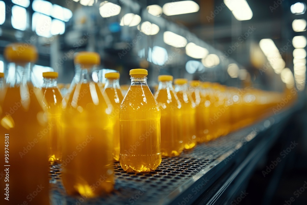 A Row of Yellow-Filled Bottles on a Conveyor Belt in a Factory A Row of Yellow-Filled Bottles on a Conveyor Belt in a Factory