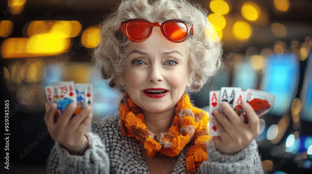 Fototapeta premium Jackpot surprise: elderly woman shocked, slot machine, win at casino, unexpected joy and excitement hits the jackpot, the thrill and unpredictability of gambling