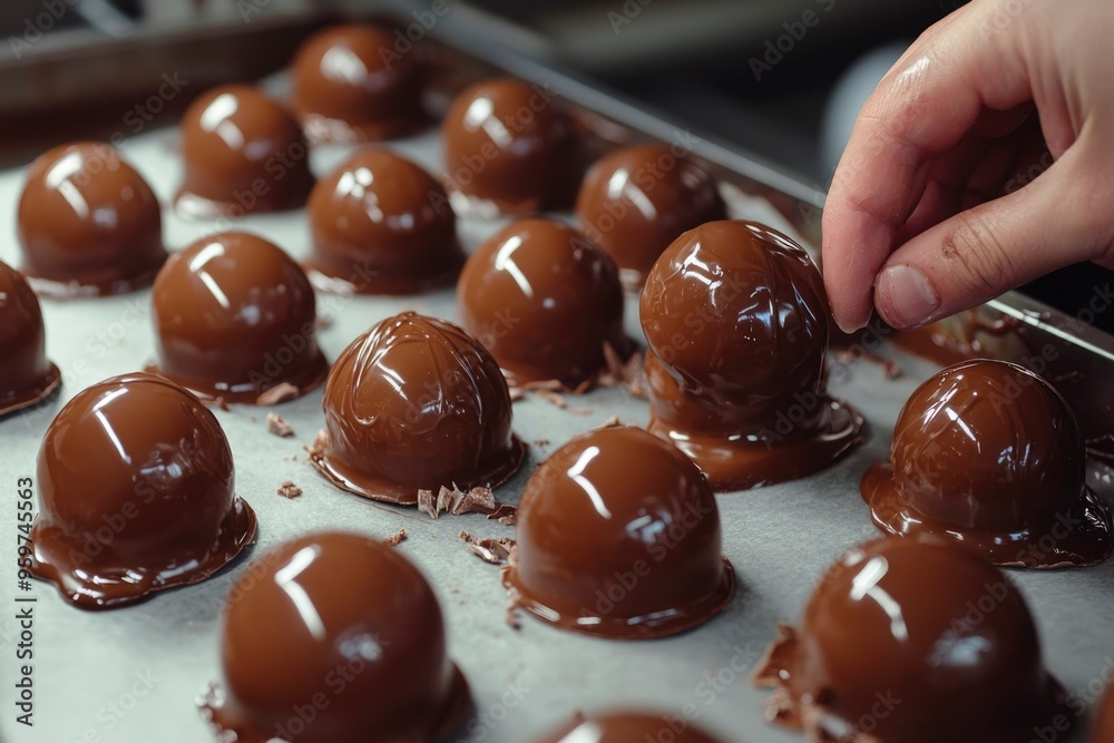 Hand Dipping Chocolate Balls on Baking Sheet Hand Dipping Chocolate Balls on Baking Sheet