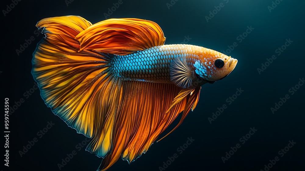 Majestic Betta Fish with Vibrant Fins Swimming in Spotlight on Black Background Majestic Betta Fish with Vibrant Fins Swimming in Spotlight on Black Background