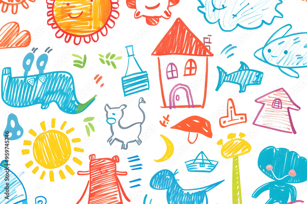 Naklejka premium カラフルな子供向け手描きイラスト：動物、太陽、家のコレクション