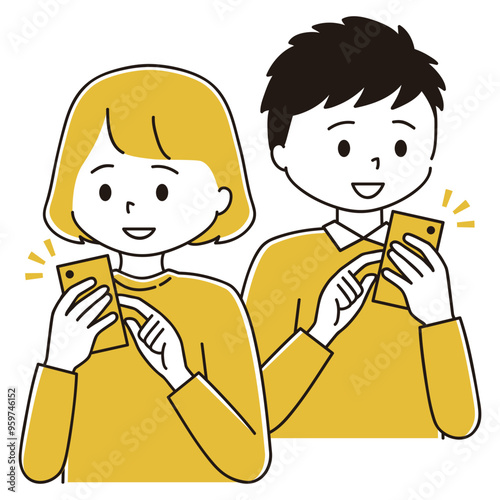 スマホをタップする背中合わせの男女のイラストセット
