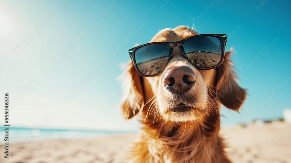Golden Retriever Dog in Sunglasses at the Beach