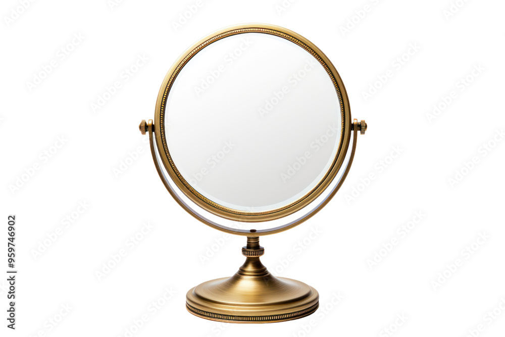 A round vanity mirror with a gold finish and an adjustable tilt, isolated on a white background. A round vanity mirror with a gold finish and an adjustable tilt, isolated on a white background.