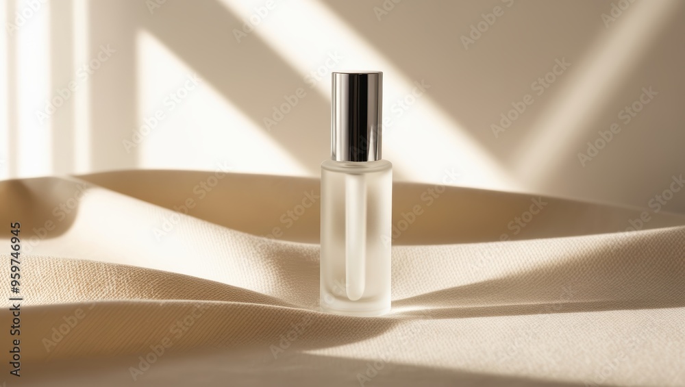 Minimalist Glass Bottle with Silver Cap on Fabric with Light and Shadow Minimalist Glass Bottle with Silver Cap on Fabric with Light and Shadow