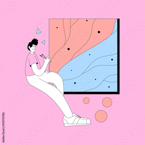 An artist is carefully creating artwork on a canvas (flat design style)