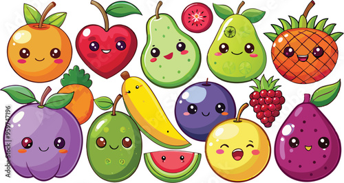 Cute Cartoon Fruits set - Apple, Banana, Orange, Strawberry, Blueberry, Grape, Watermelon, Pineapple, Mango, Peach, Pear, Cherry, Raspberry, Blackberry, Kiwi, Lemon, Lime, Pomegranate, Plum, Avocado, 