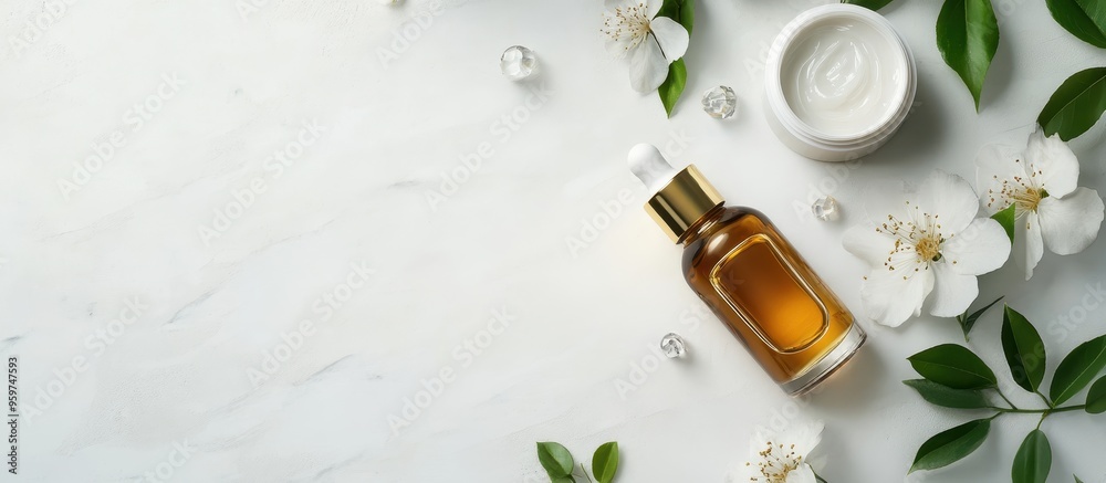 Luxurious Skincare Products with Natural Ingredients on Marble Background with Flowers and Leaves Luxurious Skincare Products with Natural Ingredients on Marble Background with Flowers and Leaves