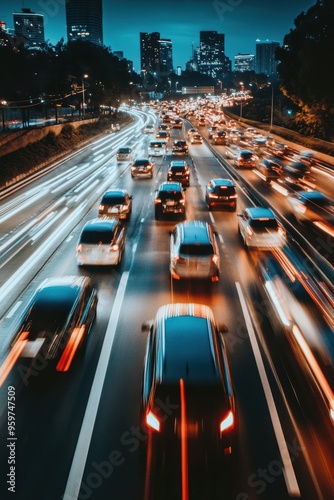 Busy Urban Night Traffic with Blurred Motion on a City Highway