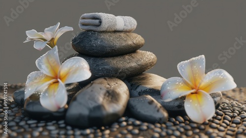 Spa stones, fresh flowers and towels isolated on transparent background PNG